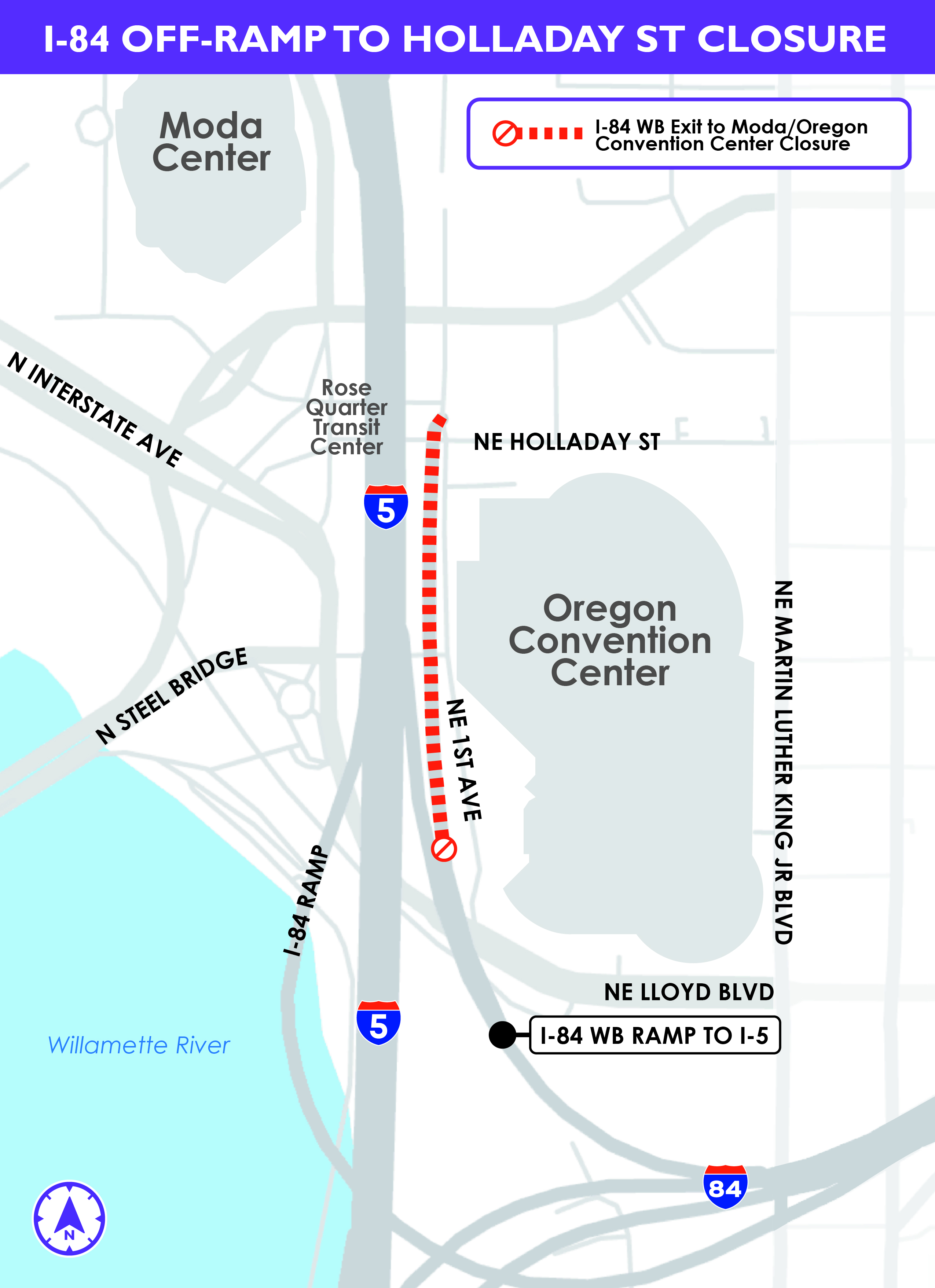 Closure map displaying I-84 off-ramp to Holiday Ave as closed.