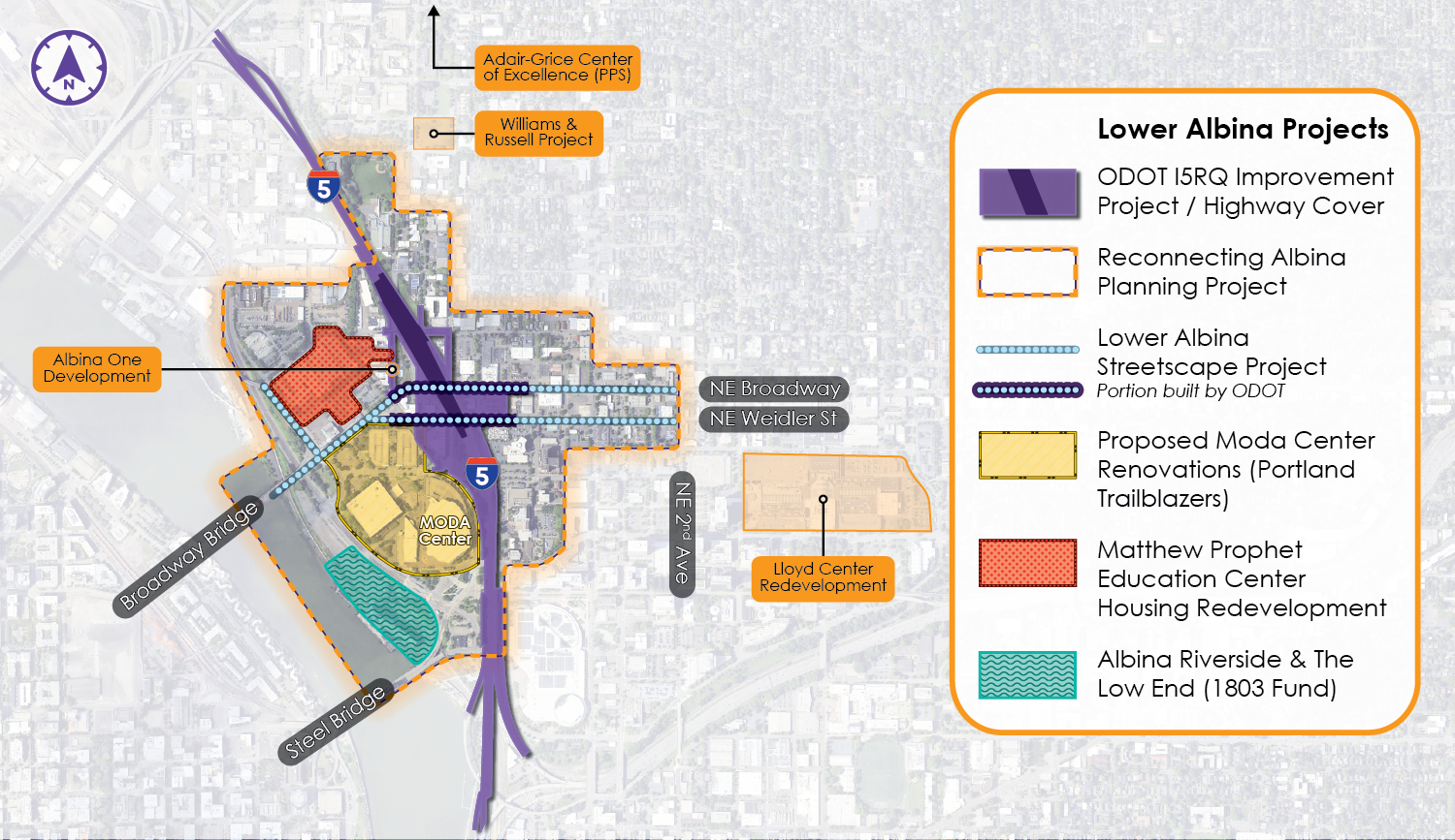 Map depicting regional projects in the lower Albina area. I-5 Rose Quarter Improvement Project is highlighted along I-5. Reconnecting Albina Planning Project encompasses the area around I-5. The Lower Albina Streetscapes Project runs along Broadway and Weidler from the Broadway Bridge east to 2nd Ave. Rose Quarter Operating and Lease Agreements encompass the Moda Center and surrounding event and parking areas. the Matthew Prophet Education Center Housing Redevelopment is between the river and I-5, North of Broadway. the Albina Waterfront study runs along the east Willamette river waterfront from the Steel Bridge to north of the Broadway Bridge. Callouts on the map indicate the location of the Albina One Development, just north of Broadway near I-5; the Williams and Russell Project and Adair-Grice Center of Excellence (PPS) north of the project area, and the Lloyd Center Redevelopment east of the project area.