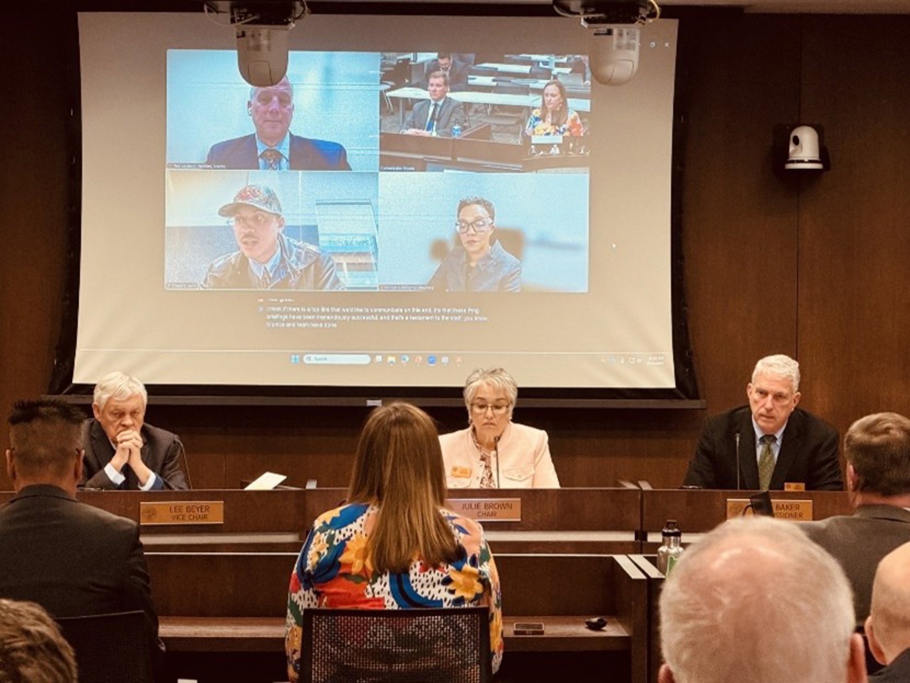 Interim Project Director Monica Blanchard, ODOT Project Delivery Manager David Kim, Albina Vision Trust (AVT) Senior Advisor JT Flowers, Metro Transportation Policy Advisor Ted Leybold, and Portland Bureau of Transportation Director Millicent Williams present to the Oregon Transportation Commission.