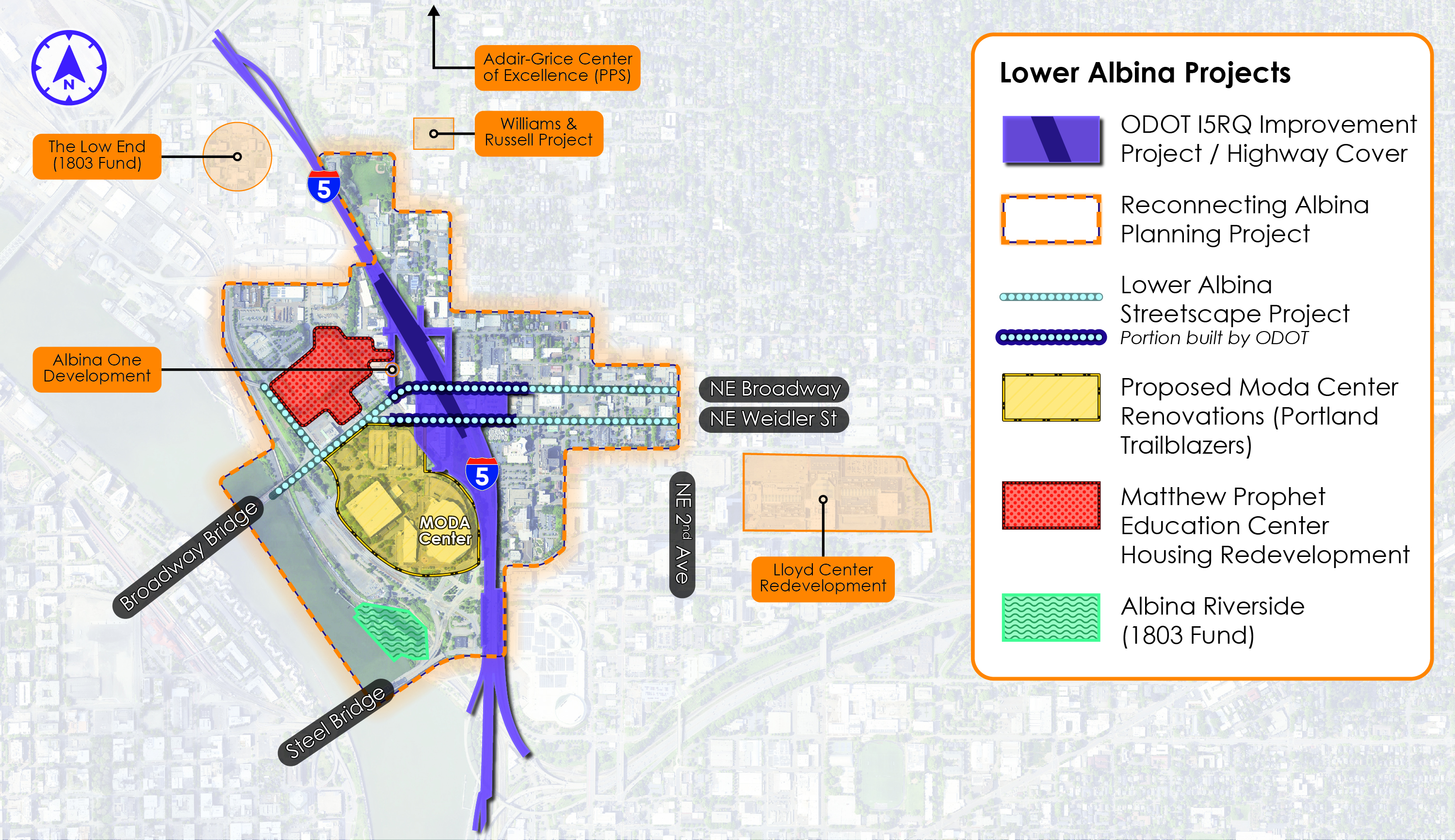 Map depicting regional projects in the lower Albina area. I-5 Rose Quarter Improvement Project is highlighted along I-5. Reconnecting Albina Planning Project encompasses the area around I-5. The Lower Albina Streetscapes Project runs along Broadway and Weidler from the Broadway Bridge east to 2nd Ave. Rose Quarter Operating and Lease Agreements encompass the Moda Center and surrounding event and parking areas. the Matthew Prophet Education Center Housing Redevelopment is between the river and I-5, North of Broadway. the Albina Waterfront study runs along the east Willamette river waterfront from the Steel Bridge to north of the Broadway Bridge. Callouts on the map indicate the location of the Albina One Development, just north of Broadway near I-5; the Williams and Russell Project and Adair-Grice Center of Excellence (PPS) north of the project area, and the Lloyd Center Redevelopment east of the project area.