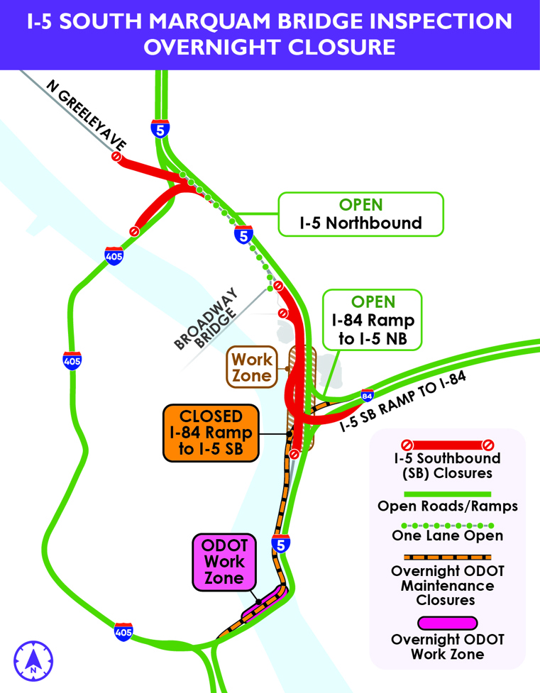 Map showing overnight traffic impacts for the I-5 South Marquam Bridge inspection in Portland. The I-84 ramp to southbound I-5 is closed overnight, while I-5 northbound and the I-84 ramp to I-5 northbound remain open. Additional overnight ODOT maintenance closures and work zones are marked near the Marquam Bridge interchange.