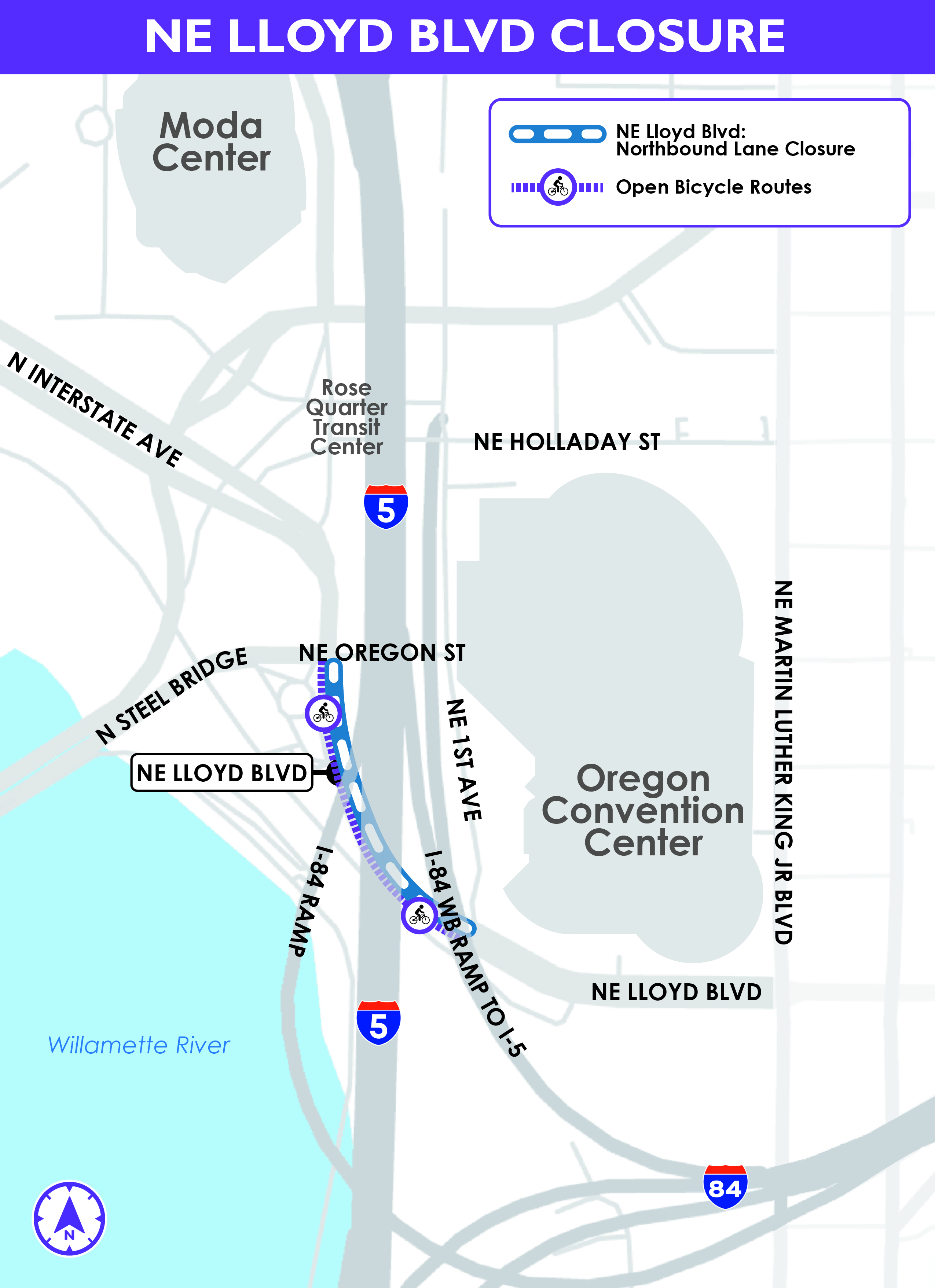 Image shows a construction closure on NE Lloyd Blvd between NE 1st Avenue and NE Oregon St. Icons indicate that the route for bicyclists and pedestrians will be open during the roadway closure.